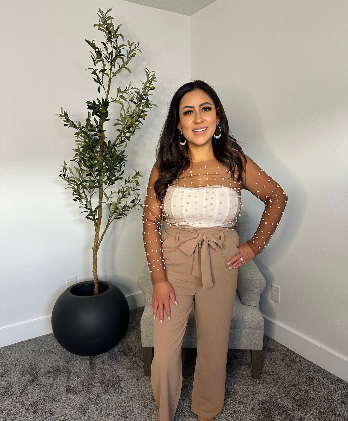 Pearl Studded Sheer Mesh Top